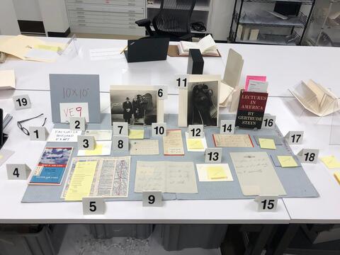 Layout planning photo of all items to be included in the ninth vintrine case on the east side of the Beinecke Library. 